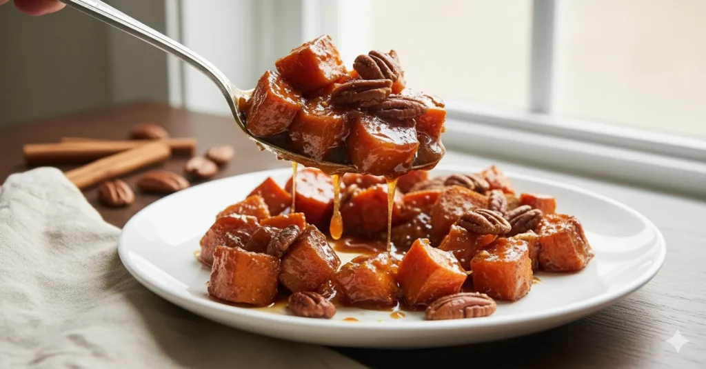 serving spoon lifting candied yams