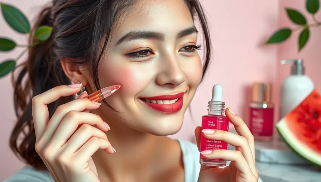applying pink watermelon glow serum for glass skin