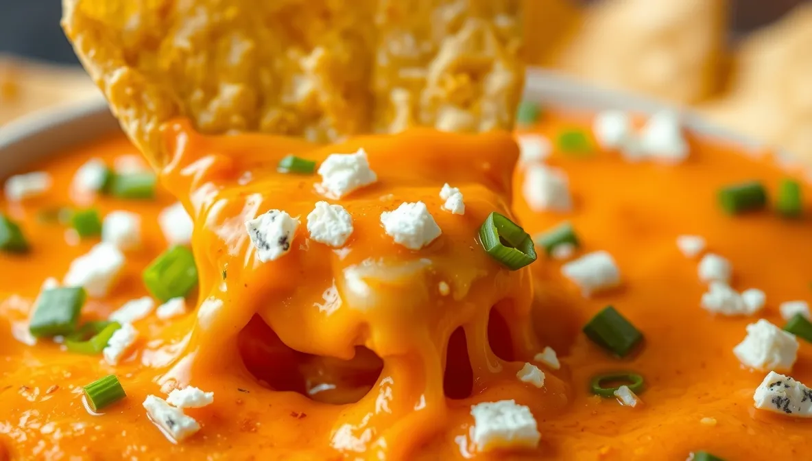 cheesy buffalo chicken dip scoop close up