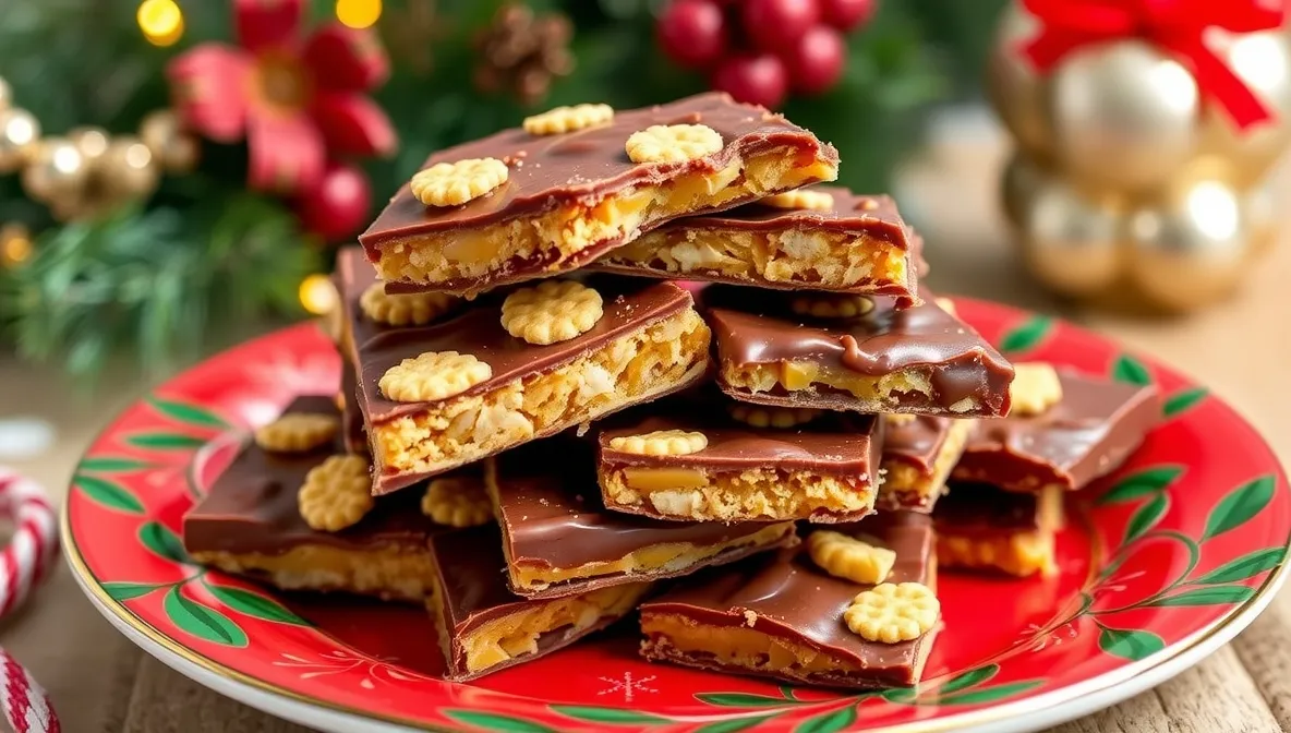 christmas crack recipe stacked on festive plate