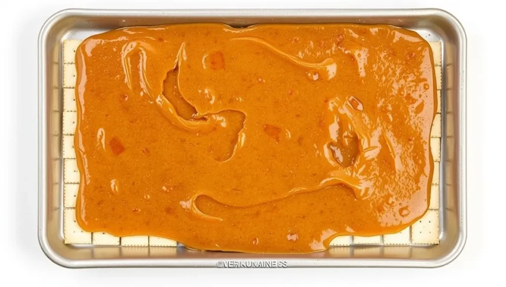 preparing saltine crack candy on baking sheet