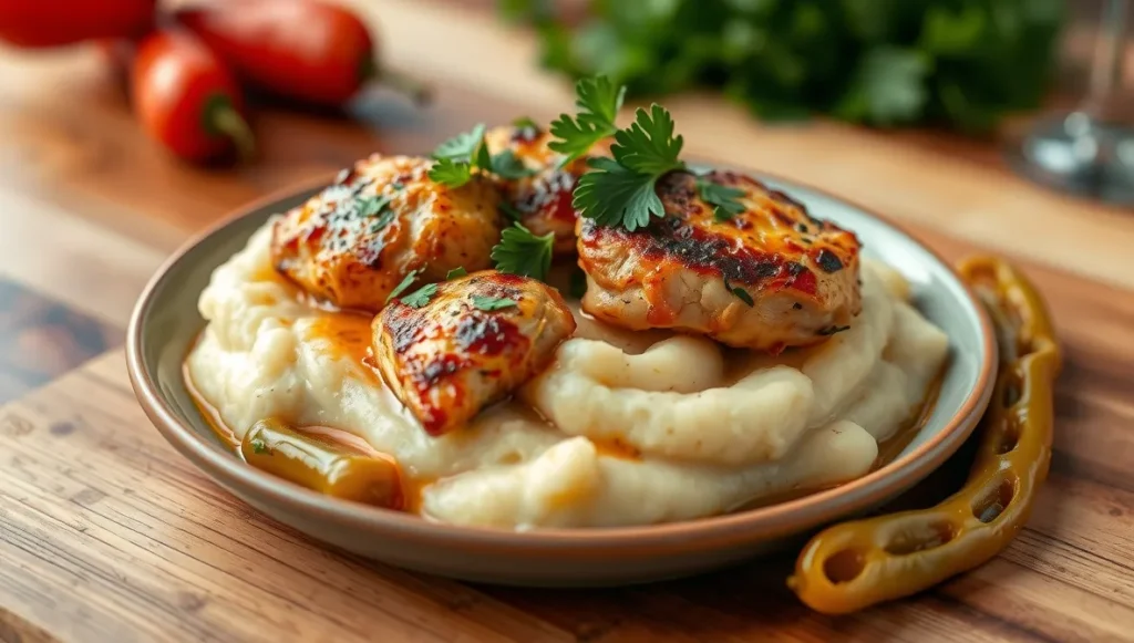 serving mississippi chicken over mashed potatoes