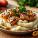 serving mississippi chicken over mashed potatoes